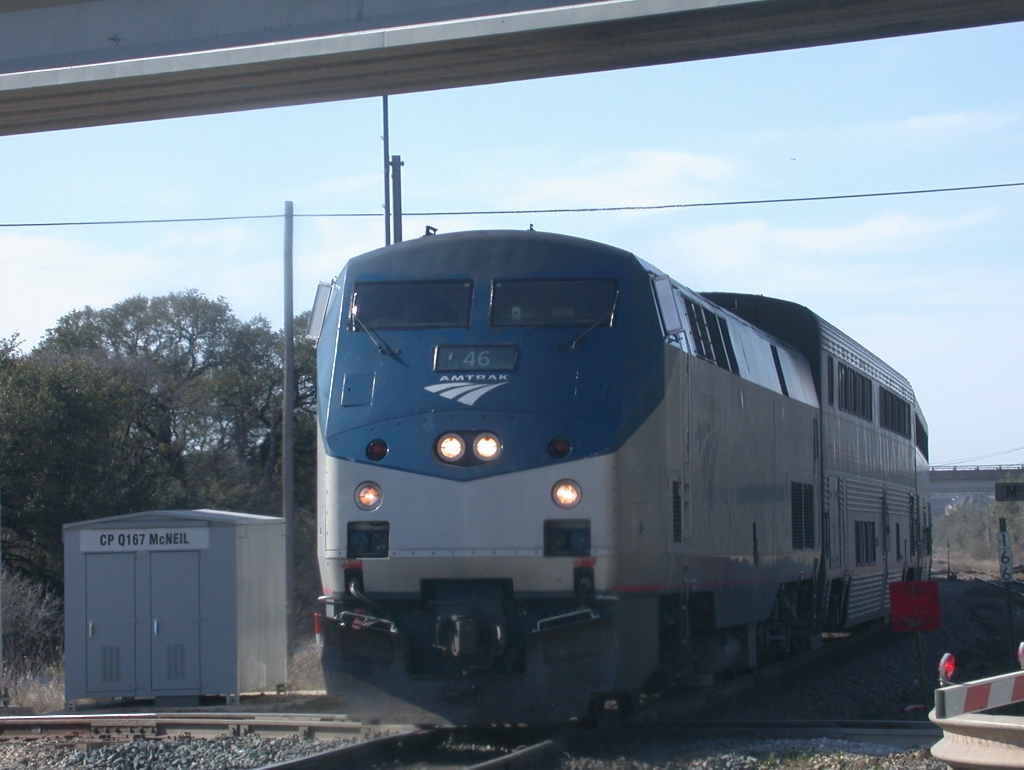 AMTK 46  17Feb2010  NB Train 22 (Texas Eagle) Over the Diamond (UP-CapMetro)